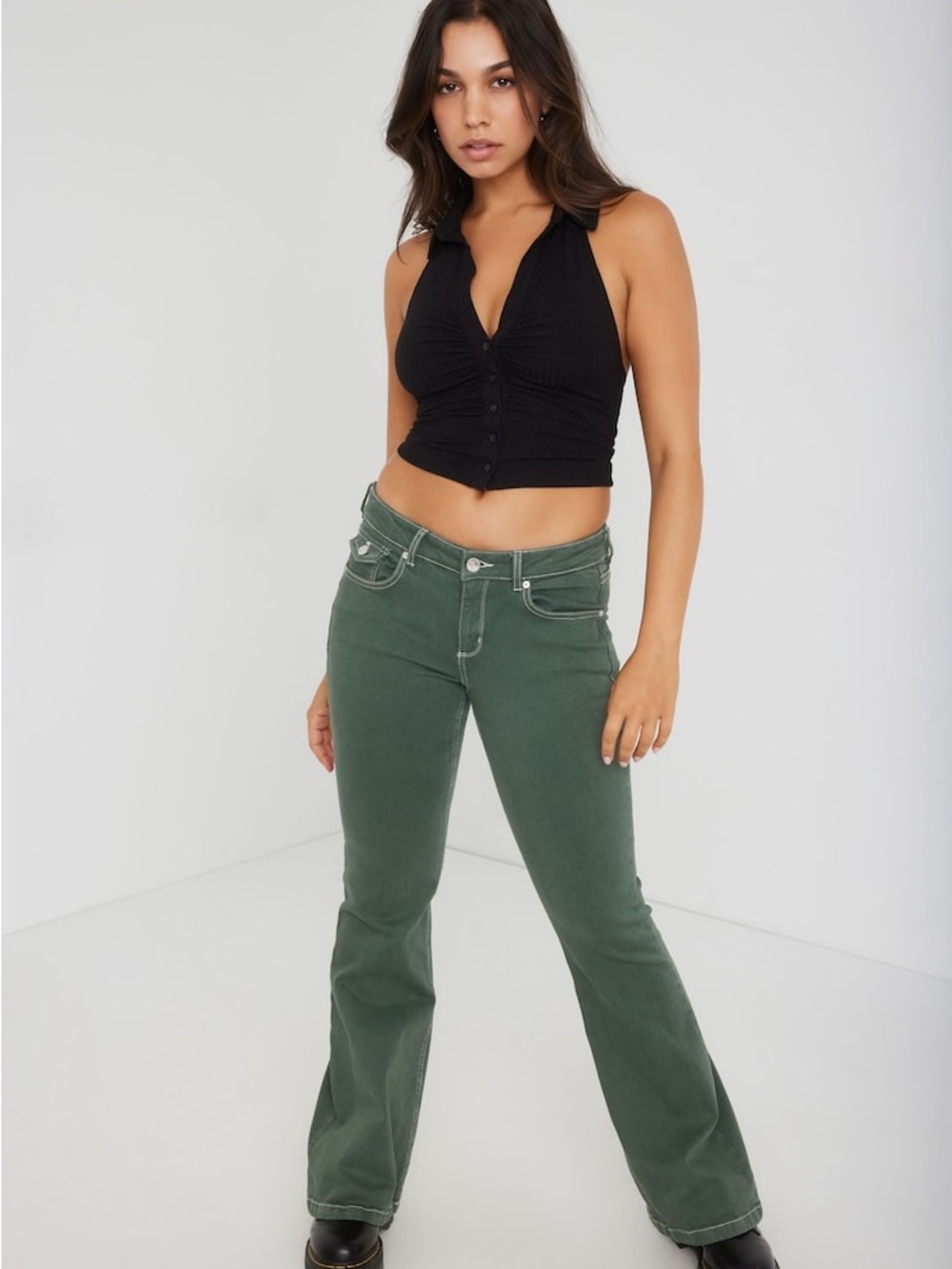 Garage Olive Green Wide Leg low rise Jeans